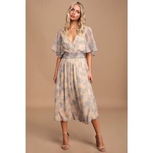 Lulus Subtle Romance Beige Floral Print Ruffled Midi Dress Large NWT Wedding